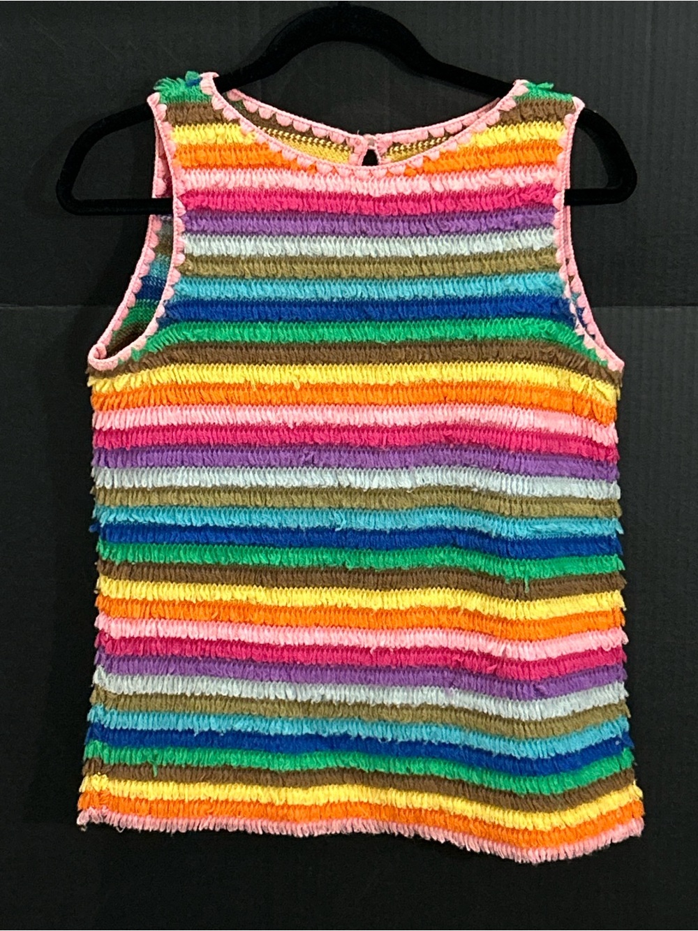 Vintage Rainbow Striped Loppy Fringe  Knitted Mod Tank Top